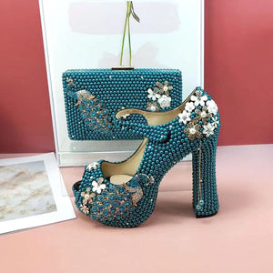 Open Toe Wedding Shoes and Bag Set for Bridal Pearl Women Party Dress Shoe High Thick Heel Platform Peacock  Peep Toe