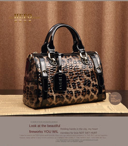 100% Cowhide Leather Women's Bag Leopard Print Boston Bags Female Genuine Leather Handbag Crossbody Shoulder Bags Women