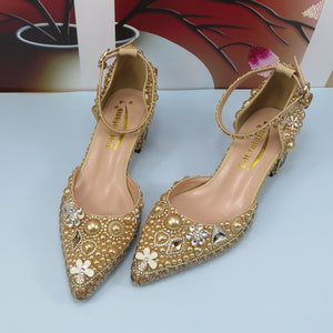 Luxury Champagne Golden Crystal wedding shoes matching bags woman fashion Thick heel Women party dress shoes Pointed Toe shoes