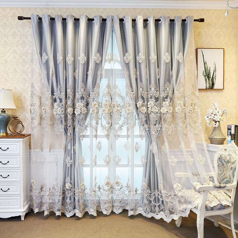European Luxury Embroidered Double-Layer Semi-Blackout Curtains for Living Room and Bedroom High Shading Curtains