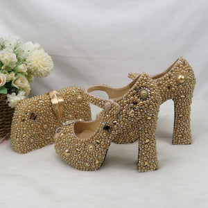 Champagne Gold Bridal Wedding shoes with matching bags woman fashion High Thick heels Women party dress shoes Platform shoes