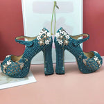 Load image into Gallery viewer, Open Toe Wedding Shoes and Bag Set for Bridal Pearl Women Party Dress Shoe High Thick Heel Platform Peacock  Peep Toe
