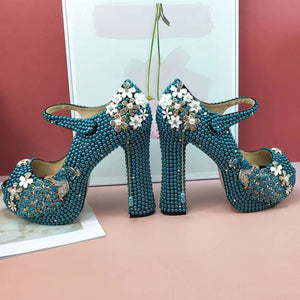 Open Toe Wedding Shoes and Bag Set for Bridal Pearl Women Party Dress Shoe High Thick Heel Platform Peacock  Peep Toe