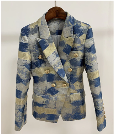 Women's Lion Buttons Double Breasted Color Block Jacquard Blazer Jacket Outer Wear
