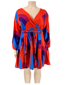 Load image into Gallery viewer, Tie Dye Print Colorblock Belted Casual Fit Flare Dress Women Long Sleeve V Neck Above Knee Knotted Autumn Dress
