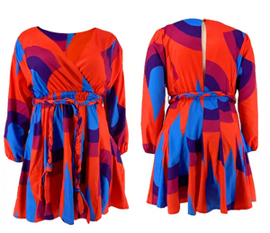 Tie Dye Print Colorblock Belted Casual Fit Flare Dress Women Long Sleeve V Neck Above Knee Knotted Autumn Dress