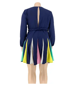 Tie Dye Print Colorblock Belted Casual Fit Flare Dress Women Long Sleeve V Neck Above Knee Knotted Autumn Dress