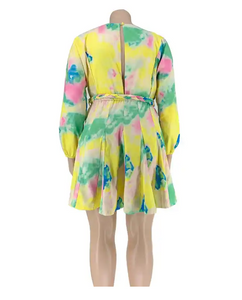 Tie Dye Print Colorblock Belted Casual Fit Flare Dress Women Long Sleeve V Neck Above Knee Knotted Autumn Dress