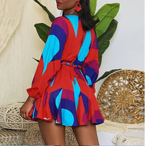 Tie Dye Print Colorblock Belted Casual Fit Flare Dress Women Long Sleeve V Neck Above Knee Knotted Autumn Dress