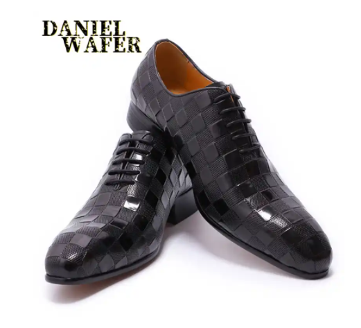 Luxury Italian Leather Dress Shoes Men Fashion Plaid Print Lace Up Wedding Office Shoes Formal Oxford Shoes