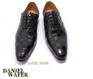 Luxury Italian Leather Dress Shoes Men Fashion Plaid Print Lace Up Wedding Office Shoes Formal Oxford Shoes
