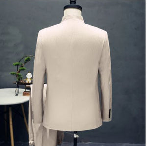 HGM Chinese Style Blazers Coat Men's Casual Stand Collar Embroidery Suits Pants Jacket Trouser 2pcs Set