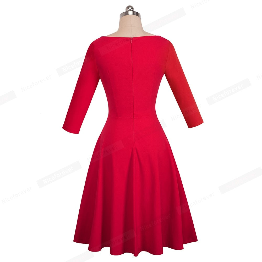 Vintage Solid Color Elegant Dresses with Cap Sleeve A-Line Pinup Women Flare Swing Dress