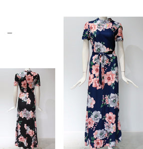 Women Summer Long Dress Casual Long Sleeve Boho Floral Print Maxi Dress Turtleneck Bandage Elegant Party Dresses