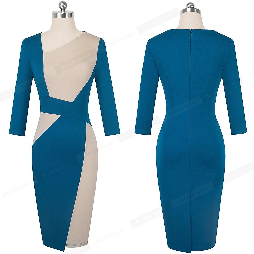 HGM Vintage Contrast Color Patchwork Wear to Work vestidos Business Party Bodycon Office Elegant Women Dress