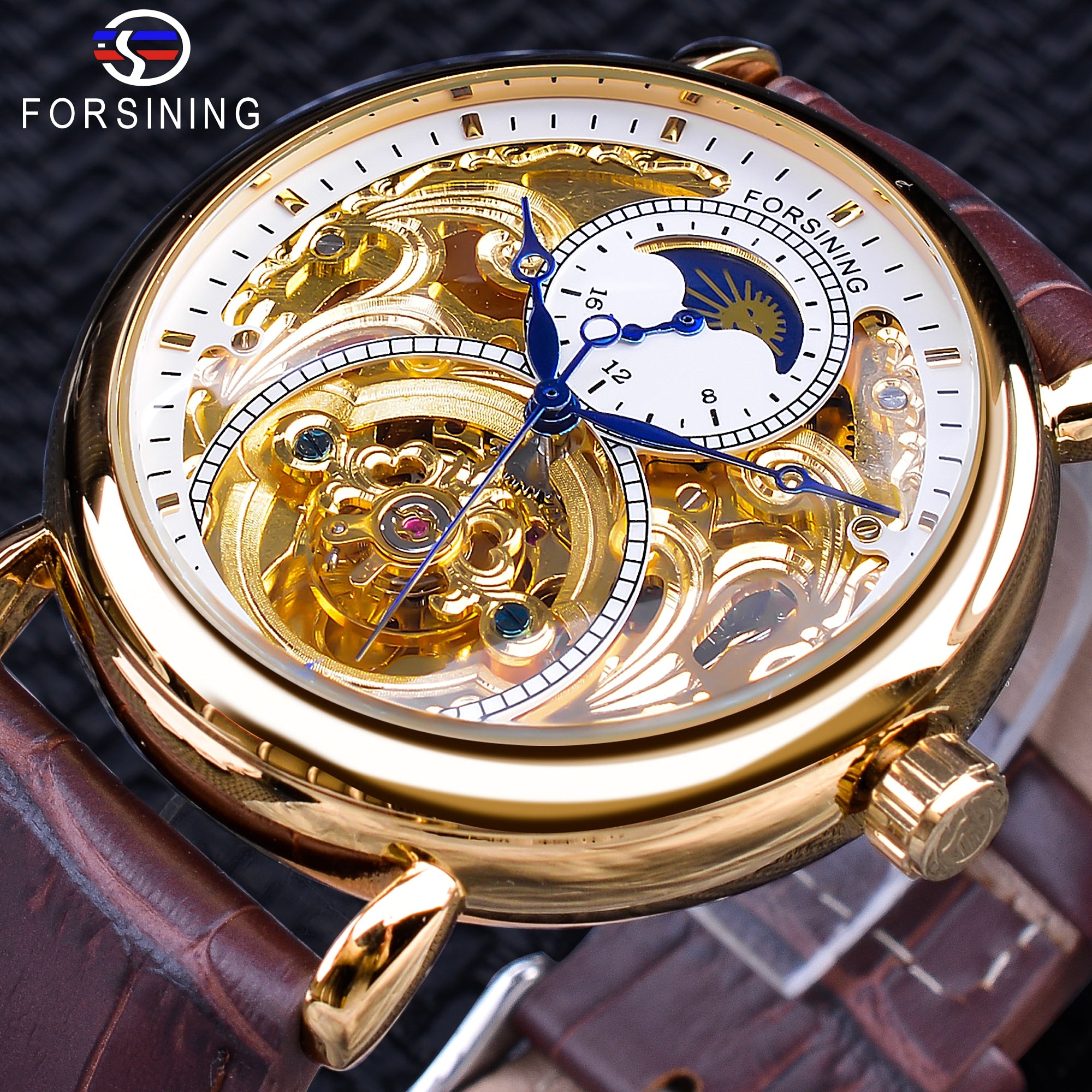 Luxury White Gold Display Brown Leather Moon-Phase Fashion Blue Hand Skeleton Waterproof Men Automatic Mechanical Watch