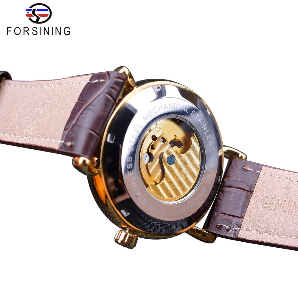 Luxury White Gold Display Brown Leather Moon-Phase Fashion Blue Hand Skeleton Waterproof Men Automatic Mechanical Watch