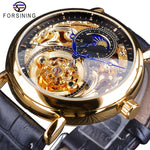 Load image into Gallery viewer, Luxury White Gold Display Brown Leather Moon-Phase Fashion Blue Hand Skeleton Waterproof Men Automatic Mechanical Watch
