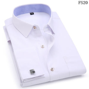 Men's Dress Shirts French Cuff Blue White Long Sleeved Business Casual Shirt Slim Fit Solid Color French Cufflinks Shirts