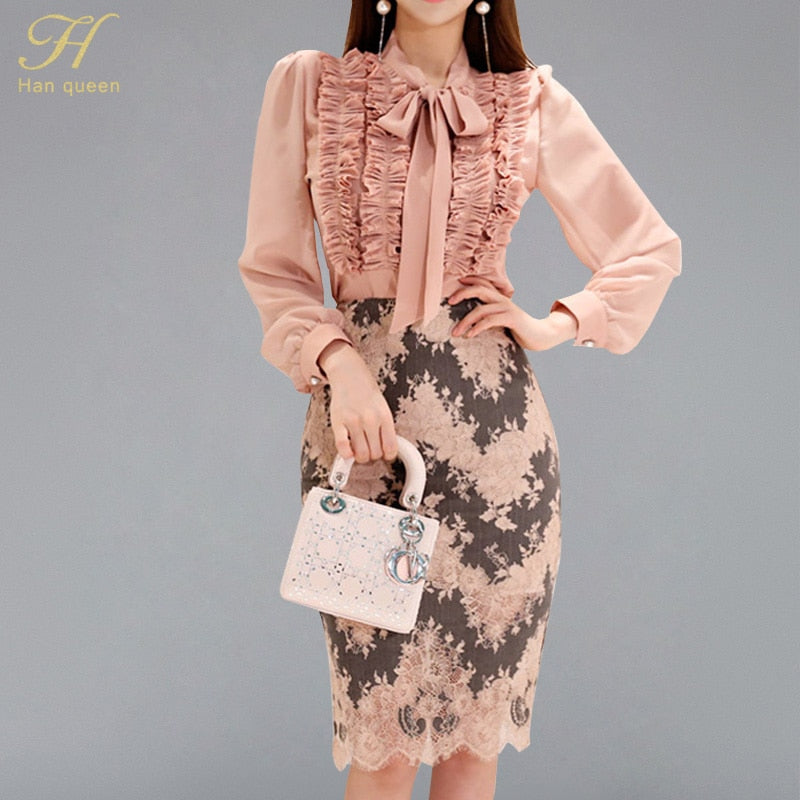 2 Pieces Suits Women Ruched Draped Ribbons Shirt Top & Print Lace Sheath Bodycon Pencil Skirt Office Set