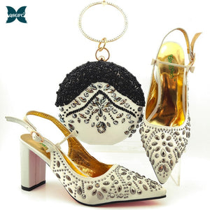 New Silver Color Italian design Women Shoes and Bag Set African Matching Shoes and Bag for Royal Party
