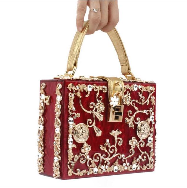 Women Box Acrylic Handbag Brand Designer Metal Flower Small Shoulder Bag Female Evening Wedding Party Clutch Purse Two Straps