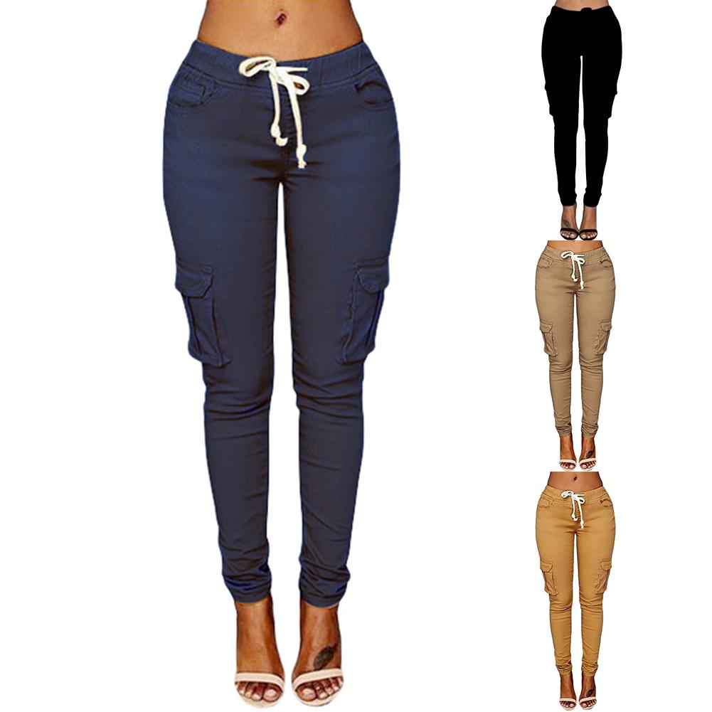 Woman high waist pants Solid  Skinny Cargo Pants Pockets Drawstring Joggers Trousers Summer Leggings Casual Pencil Pants