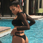 Load image into Gallery viewer, Sexy Women Mesh Long Sleeve Bikini Push-Up Padded Bikini Sets Female Summer Black Swimsuit Beachwear
