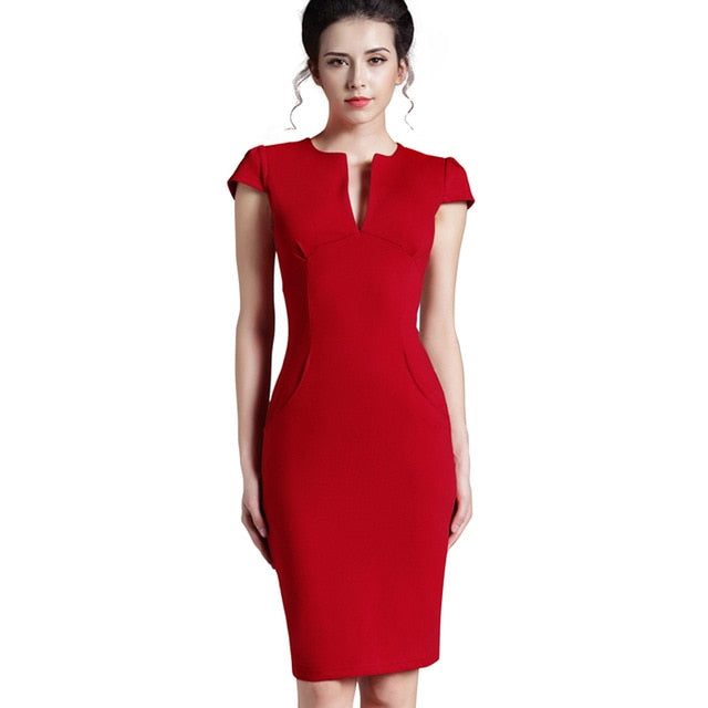 Office Women Vintage Summer Solid Deep V neck Zipper Back Formal Stretch Pencil work Bodycon Pocket Dress