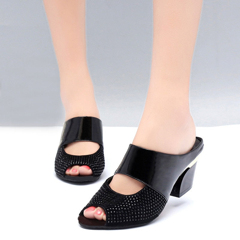 HGM Woman Fashion Slides Cut-out Open Toe Slip On Sandals Female Bling Slippers