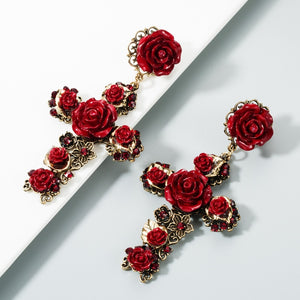 Vintage Gold Cross Earrings for Women Girls Enamel Rose Flowers Earrings Fashion Statement Jewelry