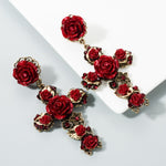 Load image into Gallery viewer, Vintage Gold Cross Earrings for Women Girls Enamel Rose Flowers Earrings Fashion Statement Jewelry

