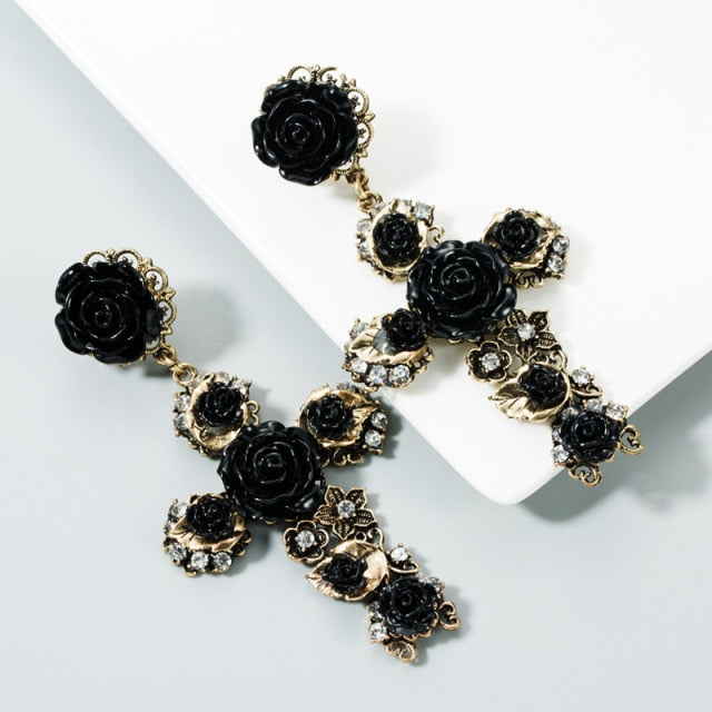 Vintage Gold Cross Earrings for Women Girls Enamel Rose Flowers Earrings Fashion Statement Jewelry