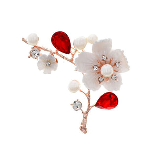 Shell and Pearl Flower Brooches For Women Elegant Fashion Pin Red Crystal Brooch Wedding Jewelry High Quality