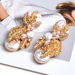 Load image into Gallery viewer, Hanging Pearl Flower-Shaped Drop Earrings Studded With Crystals Gold Jewelry Accessories For Women
