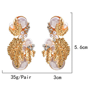 Hanging Pearl Flower-Shaped Drop Earrings Studded With Crystals Gold Jewelry Accessories For Women