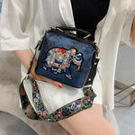 Load image into Gallery viewer, Vintage Embroidery Elephant Bag Wide Butterfly Strap PU Leather Women Shoulder Crossbody Bag
