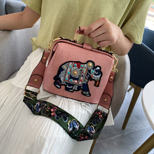 Vintage Embroidery Elephant Bag Wide Butterfly Strap PU Leather Women Shoulder Crossbody Bag