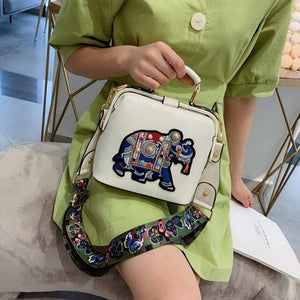 Vintage Embroidery Elephant Bag Wide Butterfly Strap PU Leather Women Shoulder Crossbody Bag