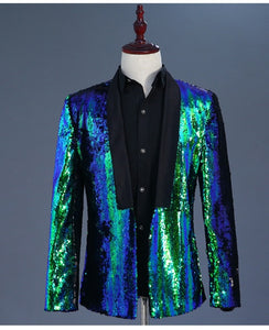 Luxury Royal Blue Sequin Dress Blazer Men Nightclub Stage Shawl Collar Mens Suit Jacket Wedding Party Stage Blazer