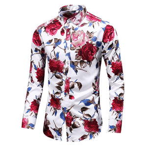HGM Men Slim Floral Print Long Sleeve Shirts Fashion Brand Party Holiday Casual Dress Flower Shirt