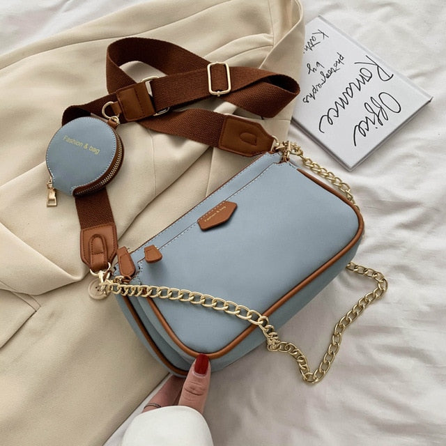 Fashion chains women shoulder bags designer wide strap messenger leather crossbodyl purse 3 bag set