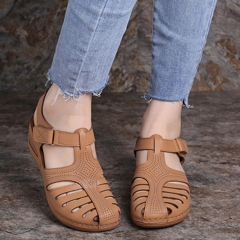 HGM Woman Vintage Wedge Sandals Buckle Casual Sewing Ladies Platform Retro Sandals