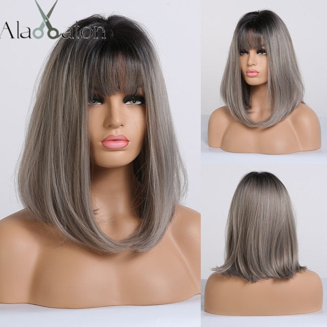 Ombre Brown Golden Short Straight Hair Lolita Bobo Wigs with Bangs Synthetic Wigs For Women Cosplay Heat Resistant