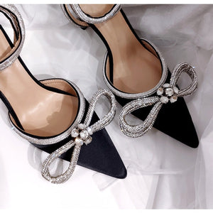 Runway style Glitter Rhinestones Women Pumps Crystal bowknot Satin Summer Lady Shoes Genuine leather High heels Party Prom Shoes