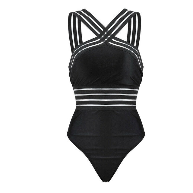 Sexy Black Striped One Piece Bikini Women's Bandage Push Up Monokini Swimwear Swimsuit Beach Triangle Bathing Suit