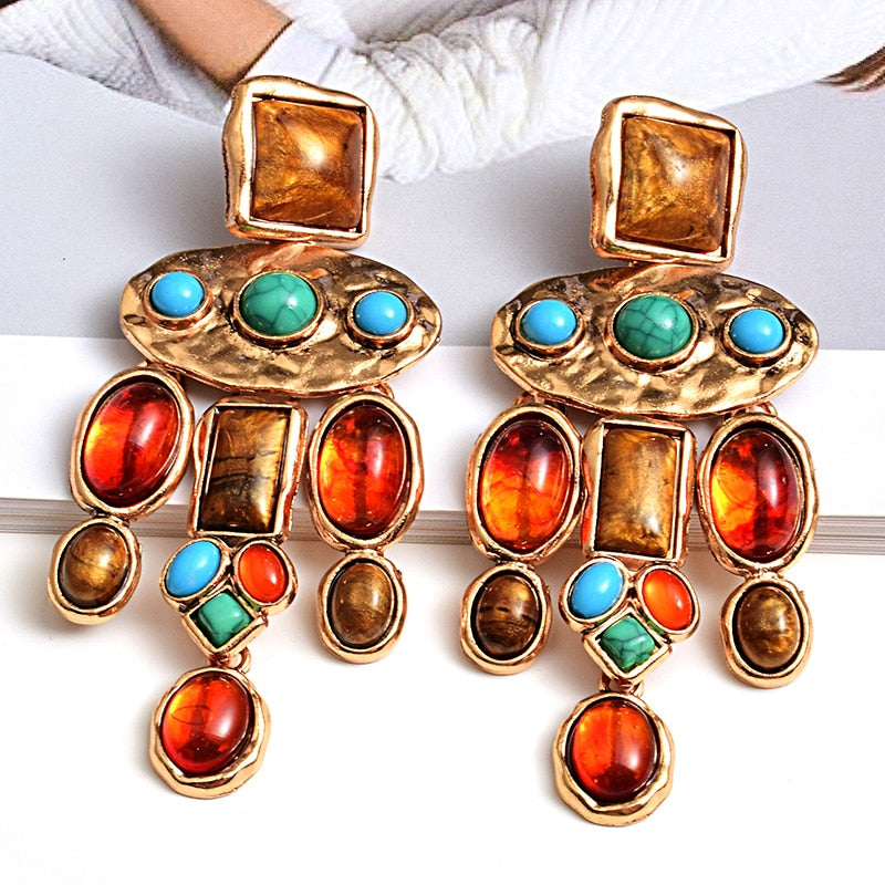 New Vintage Metal Colorful Stone Earrings High-quality Crystal Dangle Long Drop Earring Statement Jewelry Accessories For Women