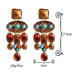 New Vintage Metal Colorful Stone Earrings High-quality Crystal Dangle Long Drop Earring Statement Jewelry Accessories For Women