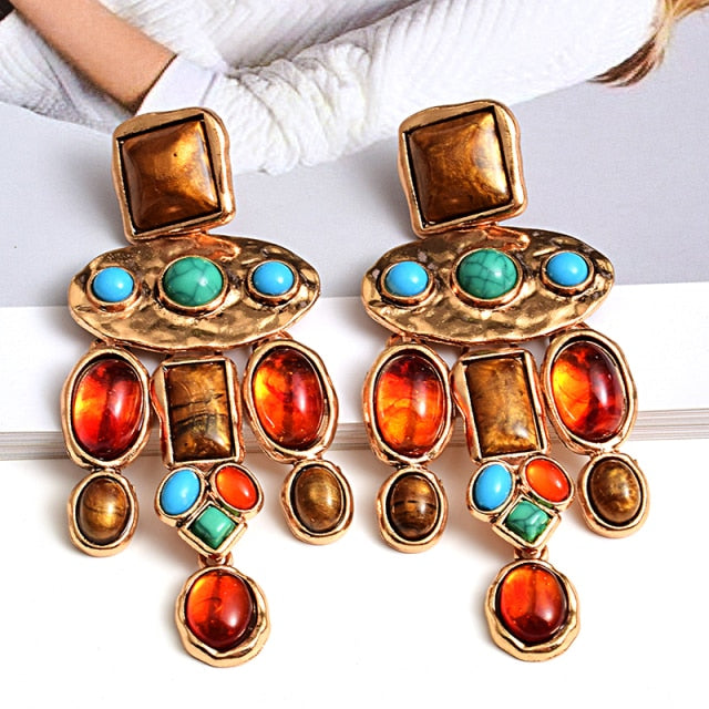 New Vintage Metal Colorful Stone Earrings High-quality Crystal Dangle Long Drop Earring Statement Jewelry Accessories For Women
