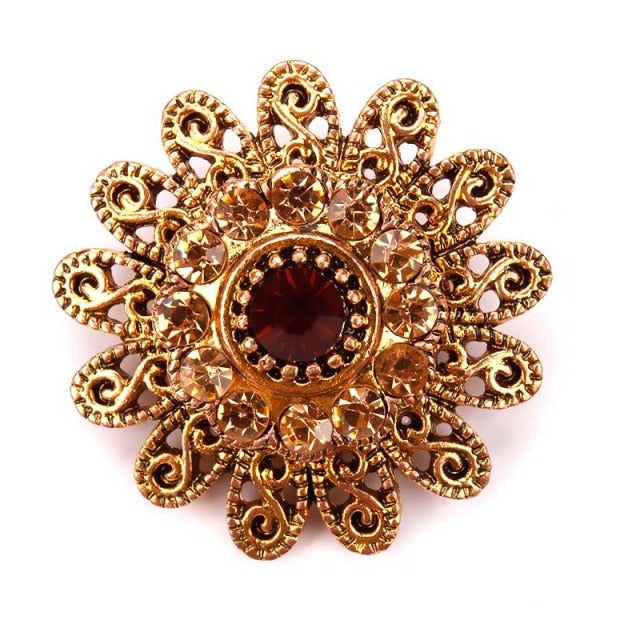 Retro Antique Gold Color Plated Crystal Rhinestones Flower Pins and Brooches for Women Dress Party or DIY Bouquets